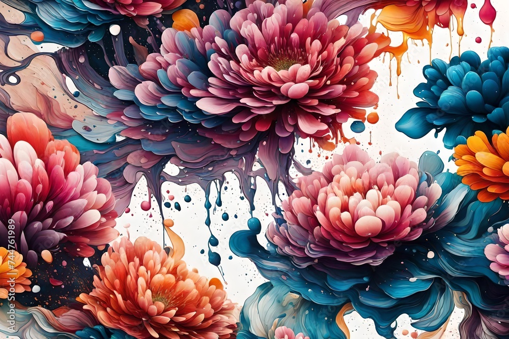 A stunning high-resolution illustration capturing the mesmerizing blend of vibrant liquid splashes on a clean canvas, enhanced by the presence of modern flower motifs