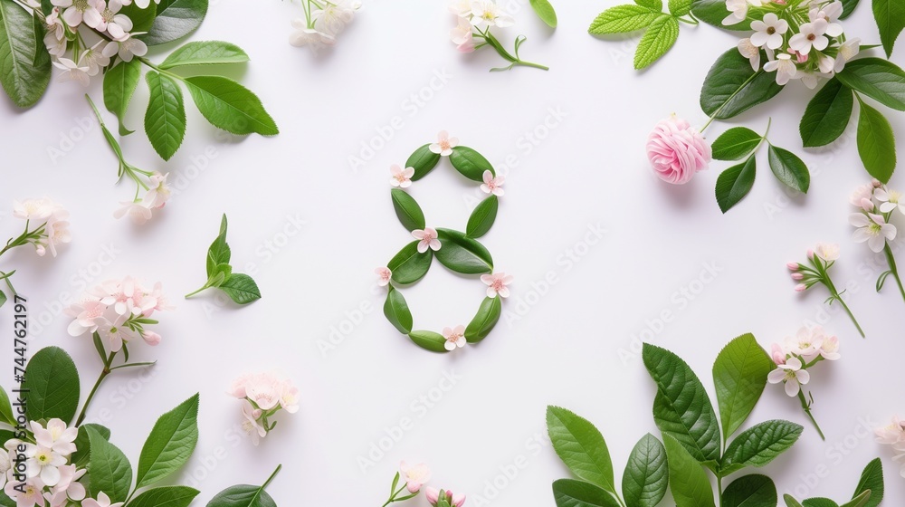 Number 8 with fresh spring flowers with green leaves on bright white background, for women's day