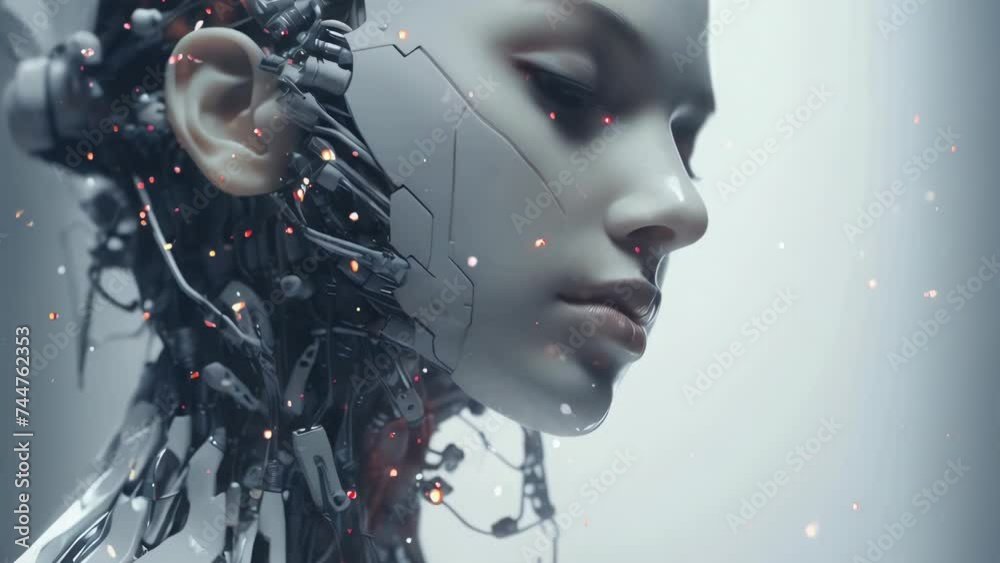 Close up of a woman's face with wires in her hair. Suitable for technology or futuristic concepts. Close up of a woman's face with wires in her hair. Suitable for technology or futuristic concepts.