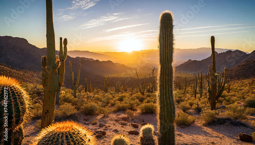 Saguaro, golden barrel and San Pedro cactus forest overlooks a mountain haze sunset in the hot desert, with warm tones, and beautiful scenery. Copy space Wild West scene usa Mexico. Blue sky photo