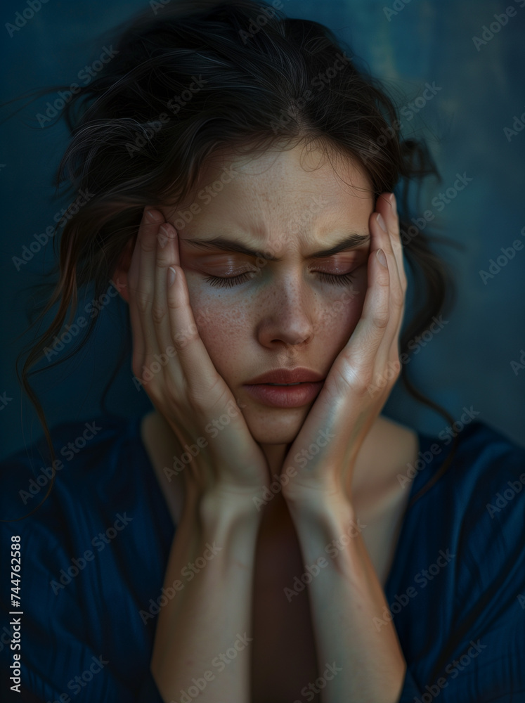  Intimate portrait of a distressed young woman with her hands on her temples, eyes closed in a moment of pain or deep thought