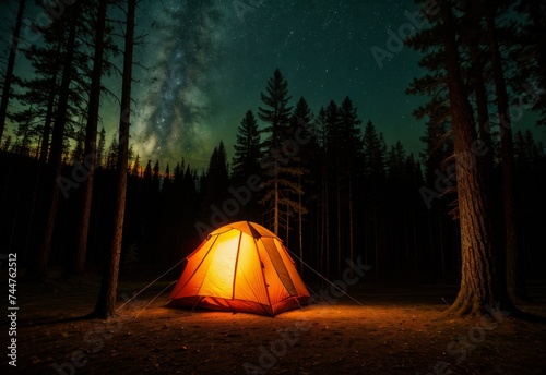 Relaxing in a tent under the stars in the forest. 