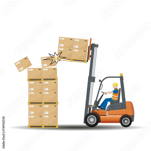Dangers of working with a forklift. Observe the permissible height for storing goods. Vector.