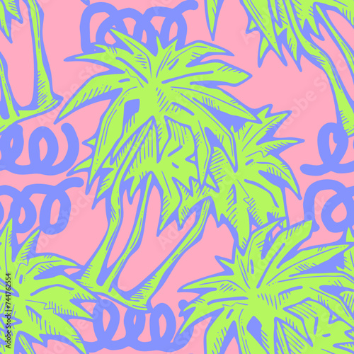 Tropical seamless vector pattern with palm leaves and tree. Holiday vocation theme for fabric print  textile design  fashion party invitation  luxury life style. Hand drawn cartoon line illustration.
