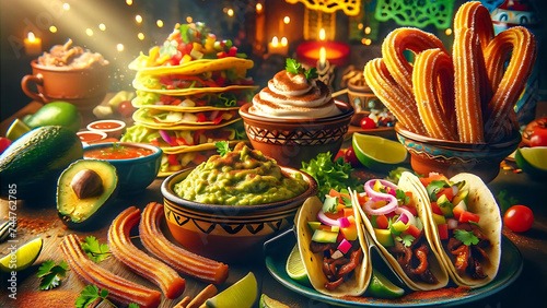 An energetic celebration in Mexico featuring spicy tacos, zesty guacamole, and delectable churros – a flavorful fiesta.