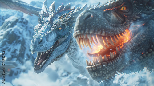 Witness an epic battle between a Tyrannosaurus Rex dinosaur and a dragon in this photorealistic high-resolution image. Ideal for creative, epic, branding, gaming or fantasy-themed projects