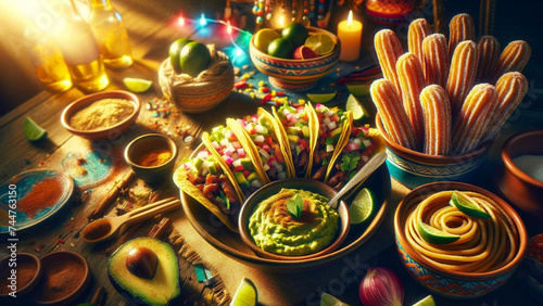 A dynamic fiesta in Mexico highlighted by peppery tacos, flavorful guacamole, and sugary churros –zestful celebration. a 