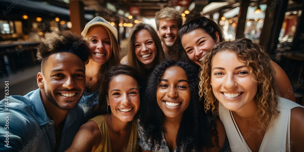 A group of joyful friends take a selfie exuding positive vibes. Concept Friendship, Positivity, Group Selfie, Joyful Moments, Smiling Faces