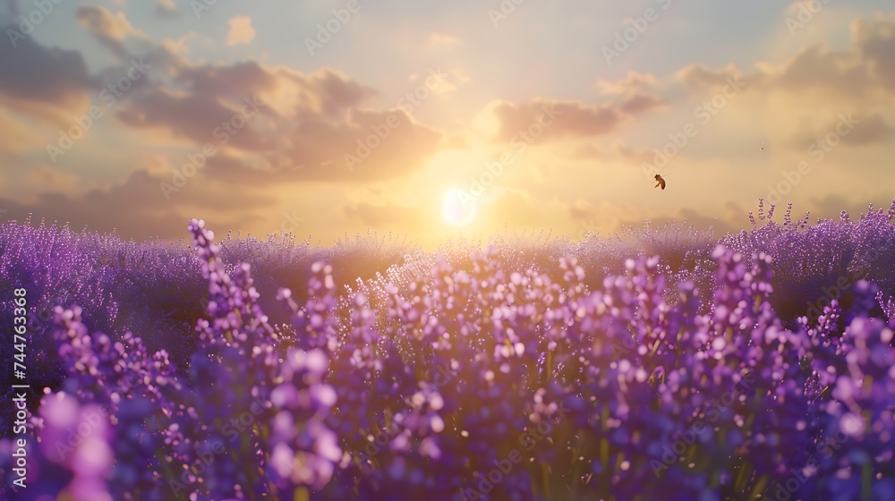 A sun-drenched field of lavender stretching out towards the horizon, its vibrant purple blooms dancing in the breeze. Bees flit from flower to flower, collecting nectar to make their sweet honey.  - obrazy, fototapety, plakaty 