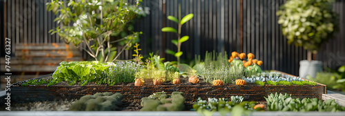 Urban garden as a miniature cityscape, with vegetables and herbs resembling skyscrapers