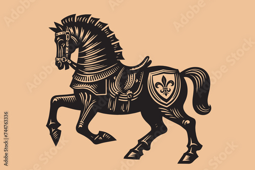 Medieval knight's horse in iron armor.  Vintage retro engraving illustration. Black icon, isolated element	