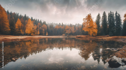 Autumn forest reflected in the lake, panoramic view.