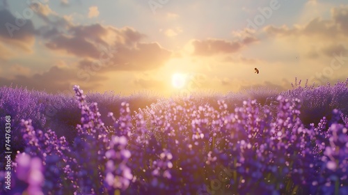 A sun-drenched field of lavender stretching out towards the horizon  its vibrant purple blooms dancing in the breeze. Bees flit from flower to flower  collecting nectar to make their sweet honey. 