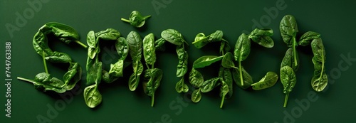 The word "spinach" is made up of spinach leaves forming letters. Dark green background.