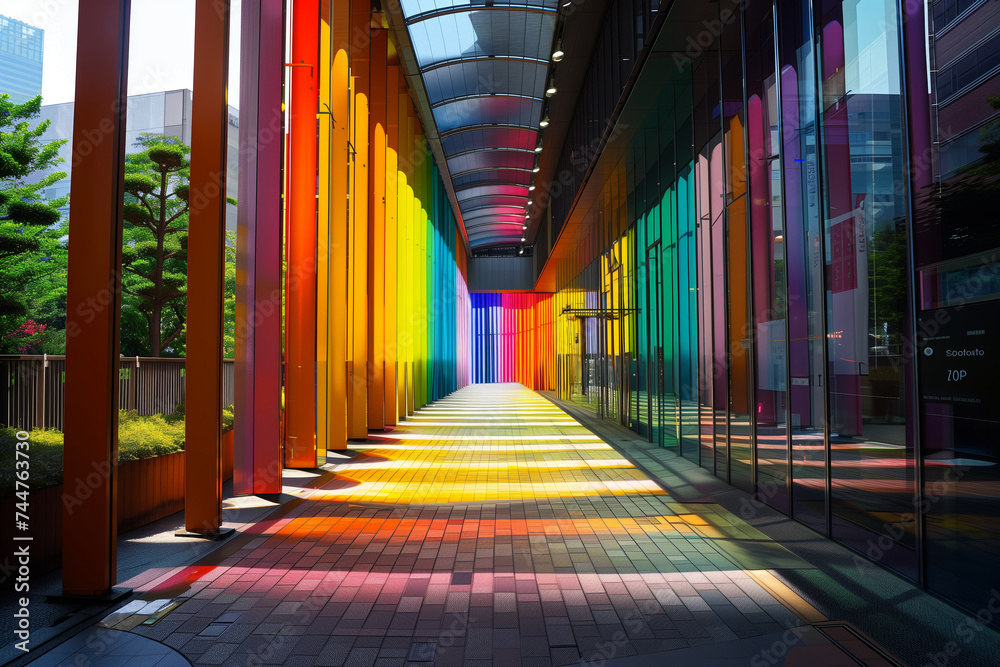 rainbow colored corridor in the city - obrazy, fototapety, plakaty 
