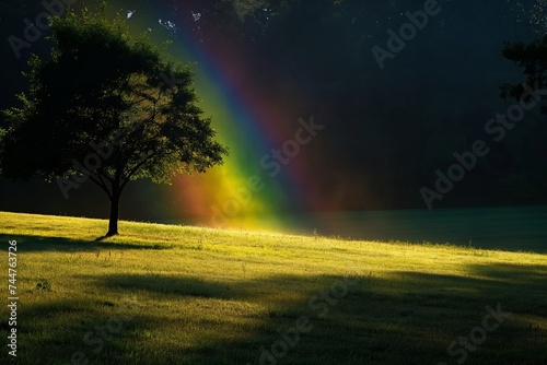 rainbow over a single tree in the middle of a grassy field © StockUp