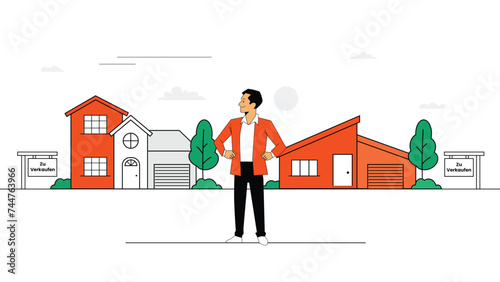 Young businessman/ property dealer standing in front of new house vector flat illustration