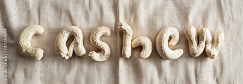 The word "cashew" made of cashews carefully placed in the shape of letters. Organic produce