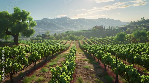A sun-drenched vineyard nestled in the rolling hills of wine country, where rows of grapevines stretch towards the horizon in neat, orderly rows. The air is alive with the sounds of buzzing insects 