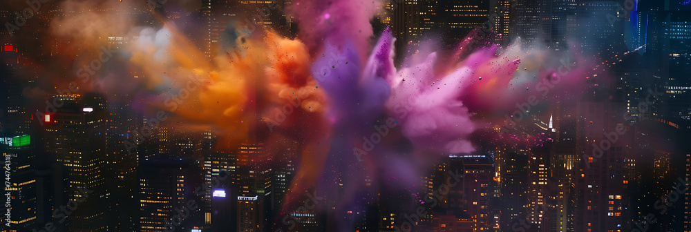 Colored powder explosion against a backdrop of city lights, creating a dynamic contrast