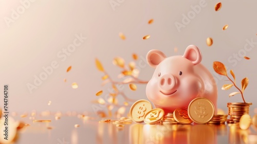 Pink piggy bank. The concept of saving money or open a bank deposit. Investments in future