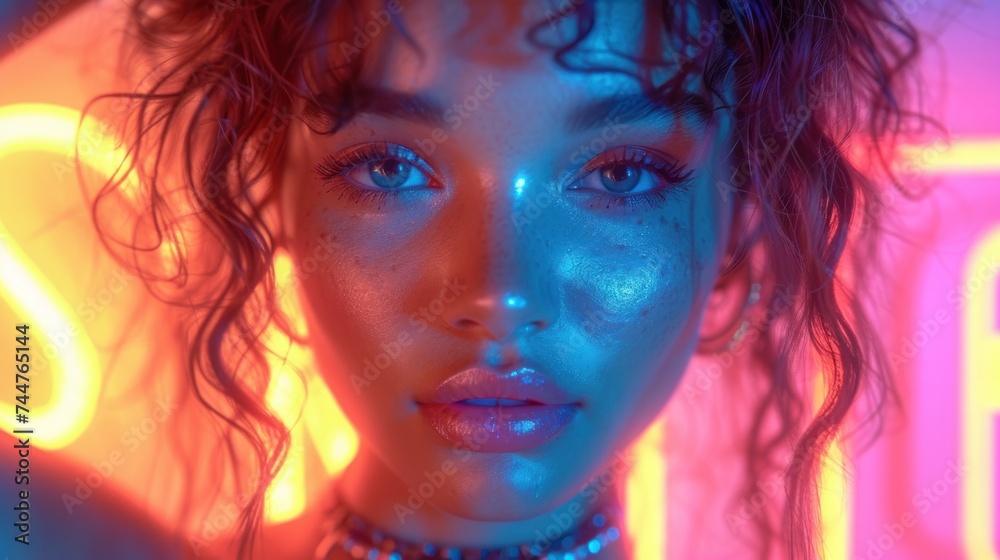  a close up of a woman's face with blue and pink light shining on her face and her hair blowing in the wind and a neon sign behind her.