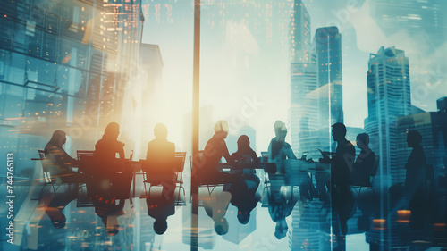 Double exposure image of many business people conference group meeting on city office building in background.