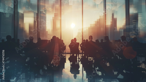 Double exposure image of many business people conference group meeting on city office building in background.