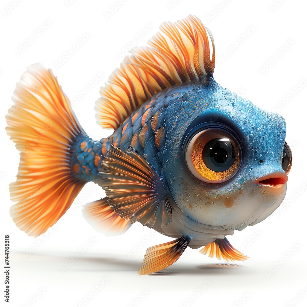 Fototapeta premium The image depicts a colorful fish with orange and blue fins, a white face, and brown around its eyes. It has a scared expression and is swimming in the water. Generate AI 