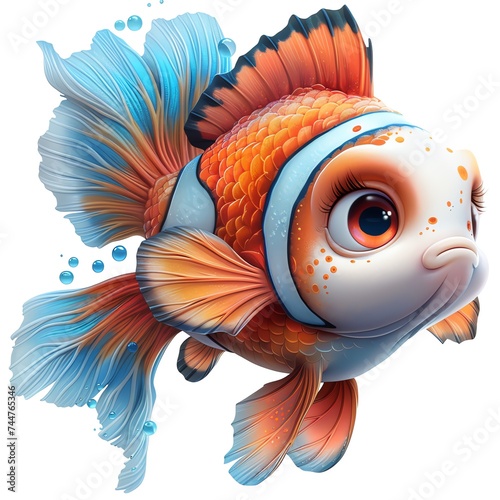The image depicts a colorful fish with orange and blue fins, a white face, and brown around its eyes. It has a scared expression and is swimming in the water. Generate AI	
 photo