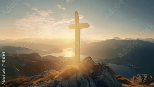 A serene image of a cross on top of a mountain overlooking a beautiful lake. Ideal for religious or inspirational concepts. photo