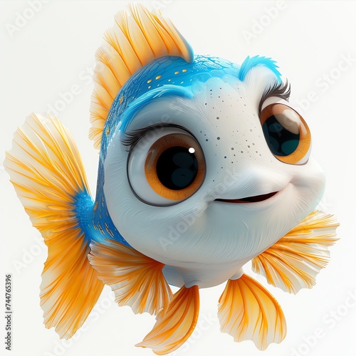 The image depicts a colorful fish with orange and blue fins, a white face, and brown around its eyes. It has a scared expression and is swimming in the water. Generate AI	
