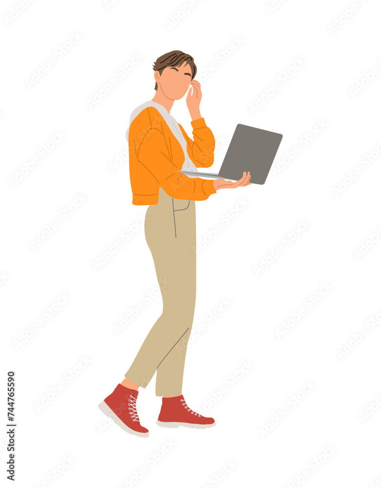Young Business woman working at laptop. Pretty girl wearing modern smart casual office outfit standing, looking at computer. Vector realistic illustration isolated on transparent background.