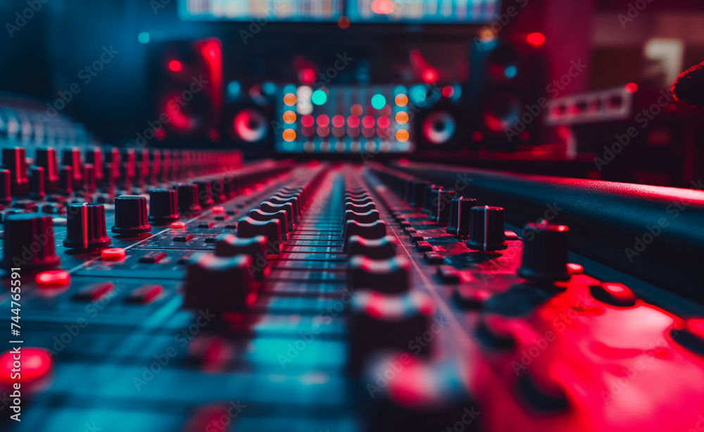 Cinematic Console: Wide-angle View of Recording Studio Mixing Desk