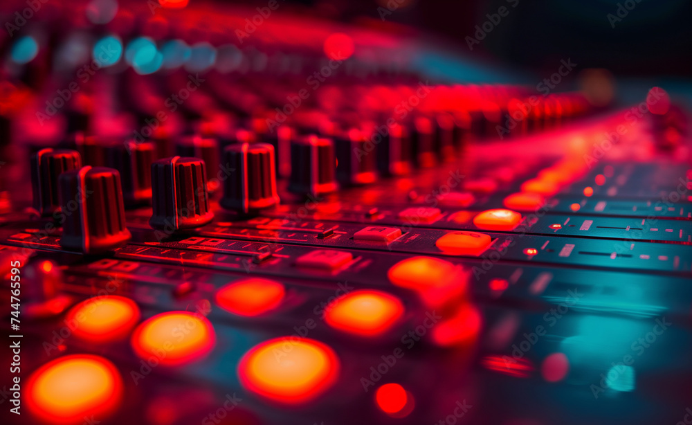 Cinematic Console: Wide-angle View of Recording Studio Mixing Desk Cinematic Console: Wide-angle View of Recording Studio Mixing Desk