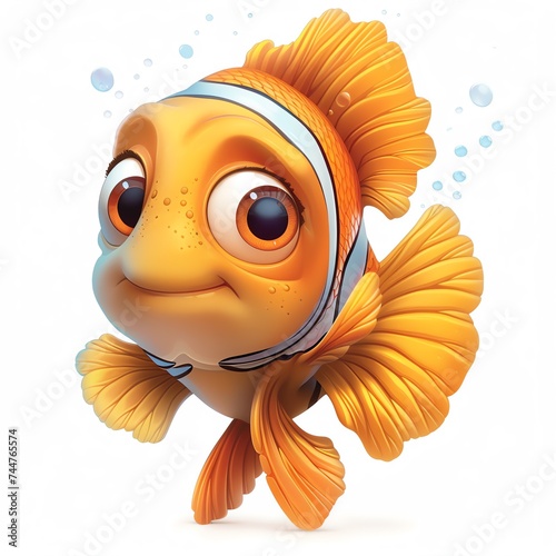 The image depicts a colorful fish with orange and blue fins, a white face, and brown around its eyes. It has a scared expression and is swimming in the water. Generate AI	
