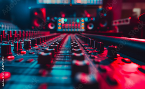 Cinematic Console  Wide-angle View of Recording Studio Mixing Desk