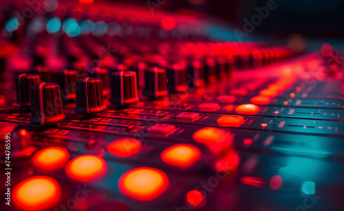 Cinematic Console: Wide-angle View of Recording Studio Mixing Desk
