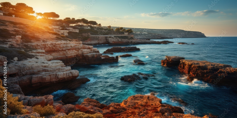 The sun is setting over the ocean, casting a warm glow on the water near a rugged rocky cliff