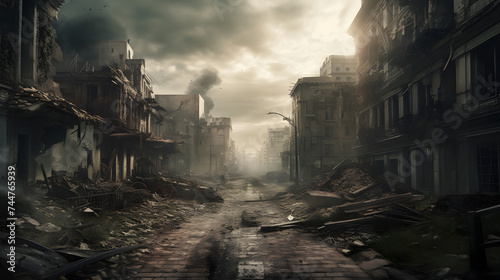  an image of a destroyed city and ruins in the sky