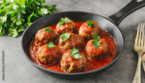 frying pan of tasty meat balls with tomato sauce and parsley on grey background