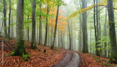 autumn beech forest after a few days of rain in a foggy morning