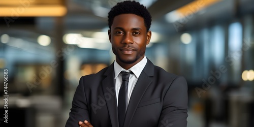 African American CEO exuding confidence in power suit while folding arms in office. Concept Business Attire, Confidence, African American Executive, Corporate Environment, Folded Arms