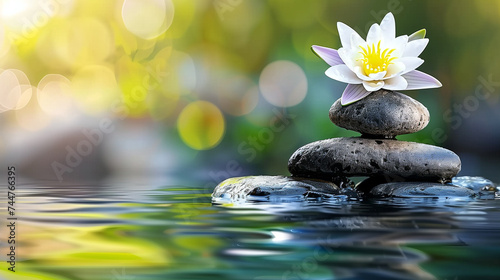 lotus flower on black stones on the background of a pond. Beautiful zen garden with lotus flower 