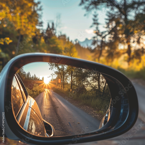 sunset in a rearview mirror