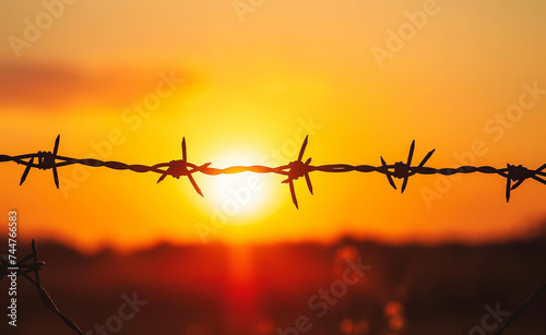 Silhouette of Barbed Wire Against Sunset