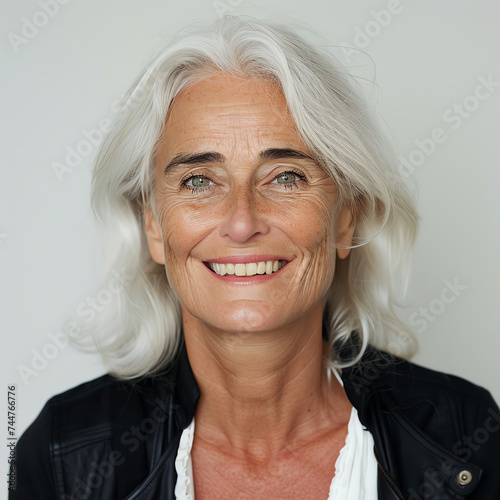 Serene Elegance: Portrait of a Joyful Swiss Lady with White Hair