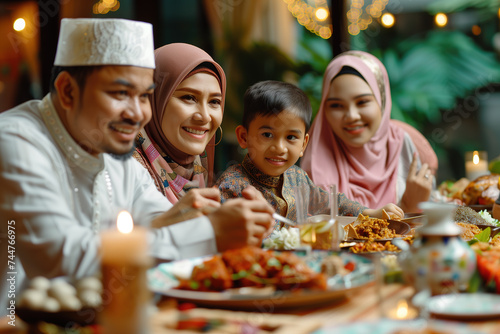 Family celebrating and eating ramadan iftar in ramadan kareem or holy month.