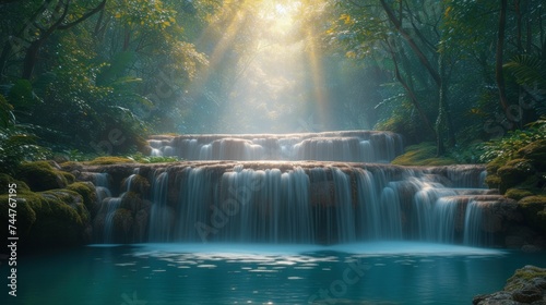  a waterfall in the middle of a forest with a bright beam of light coming from the top of the waterfall in the middle of the forest is a body of water.