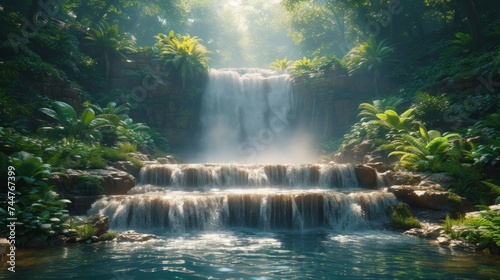  a waterfall in the middle of a forest filled with lots of trees and greenery next to a body of water.